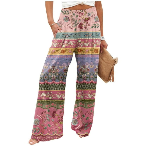 Mlqidk Linen Pants Women Casual High Waist Beach Pants Fashion Wide Leg Cotton Linen Trousers Plus Size Loose Floral Print Pants with Pocket Hot Pink XL