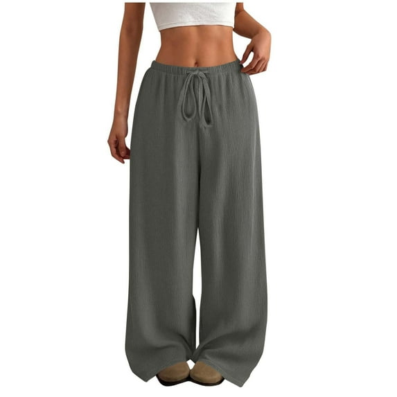 Mlqidk Linen Pants Women Lounge High Waisted Linen Pants Dressy Wide Leg Cotton Linen Trouser Plus Size Loose Solid Color Drawstring Pants Gray S
