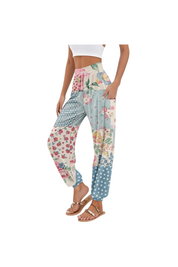 Linen Pants Women Palazzo Wide Leg Elastic Waisted Harem Pants Boho Floral Flowy Trendy Trousers Beach Travel Slacks with Pockets Sky Blue L