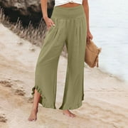 DRMAGIYHM Mlqidk Linen Pants Women Ruffle Hem Flowy Summer Capri Pants Lightweight Smocked Waist Pants Wide Leg Beach Lounge Pants with Pockets Army Green 3XL