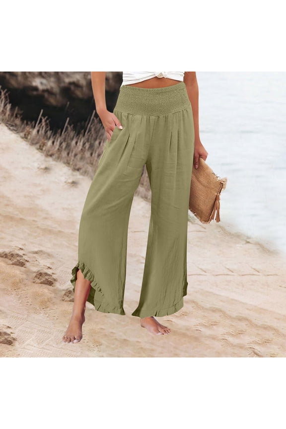 Mlqidk Linen Pants Women Ruffle Hem Flowy Summer Capri Pants Lightweight Smocked Waist Pants Wide Leg Beach Lounge Pants with Pockets Army Green 3XL