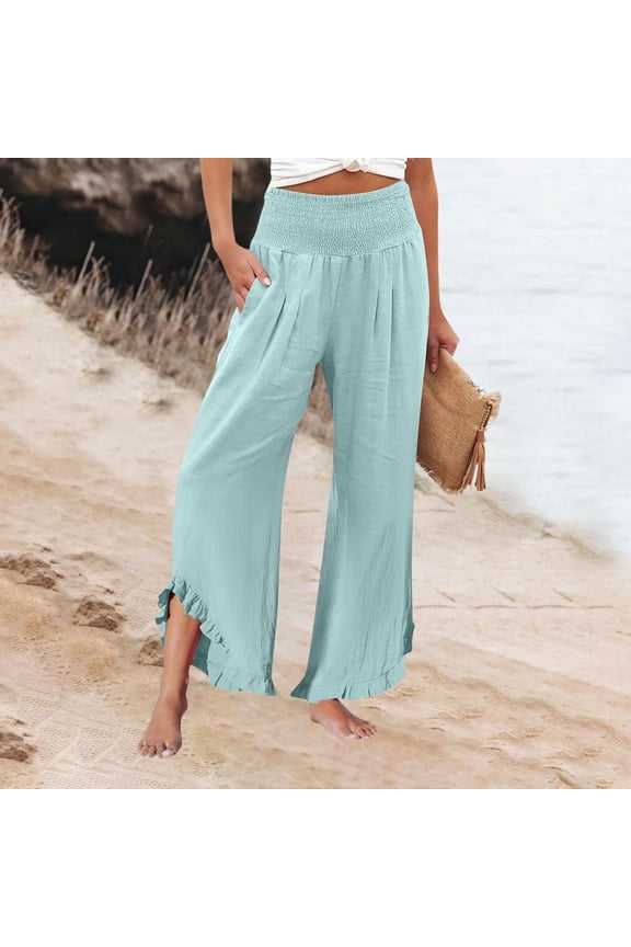 Linen Pants Women Ruffle Hem Flowy Summer Capris Lightweight Smocked Waist Pants Wide Leg Beach Trousers with Pockets Cyan M