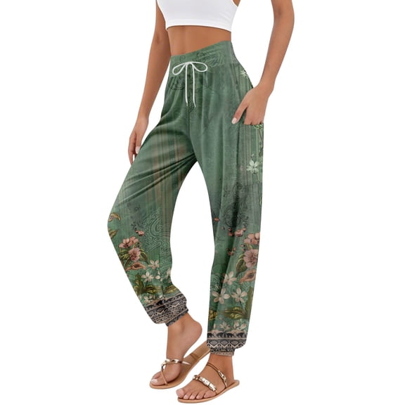 Mlqidk Linen Pants Women Summer Baggy Boho Floral Wide Leg Harem Pants Elastic Waisted Lightweight Trendy Lounge Pants Beach Vacation Clothing with Pockets Light Green XL