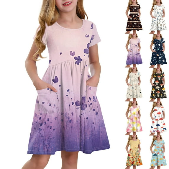 Mlqidk Little Girls Dresses Size 10-12 Twirl Casual Crew Neck Short Sleeve Dresses Summer floral print Birthday Princess Girls Outfits 4-5 Years