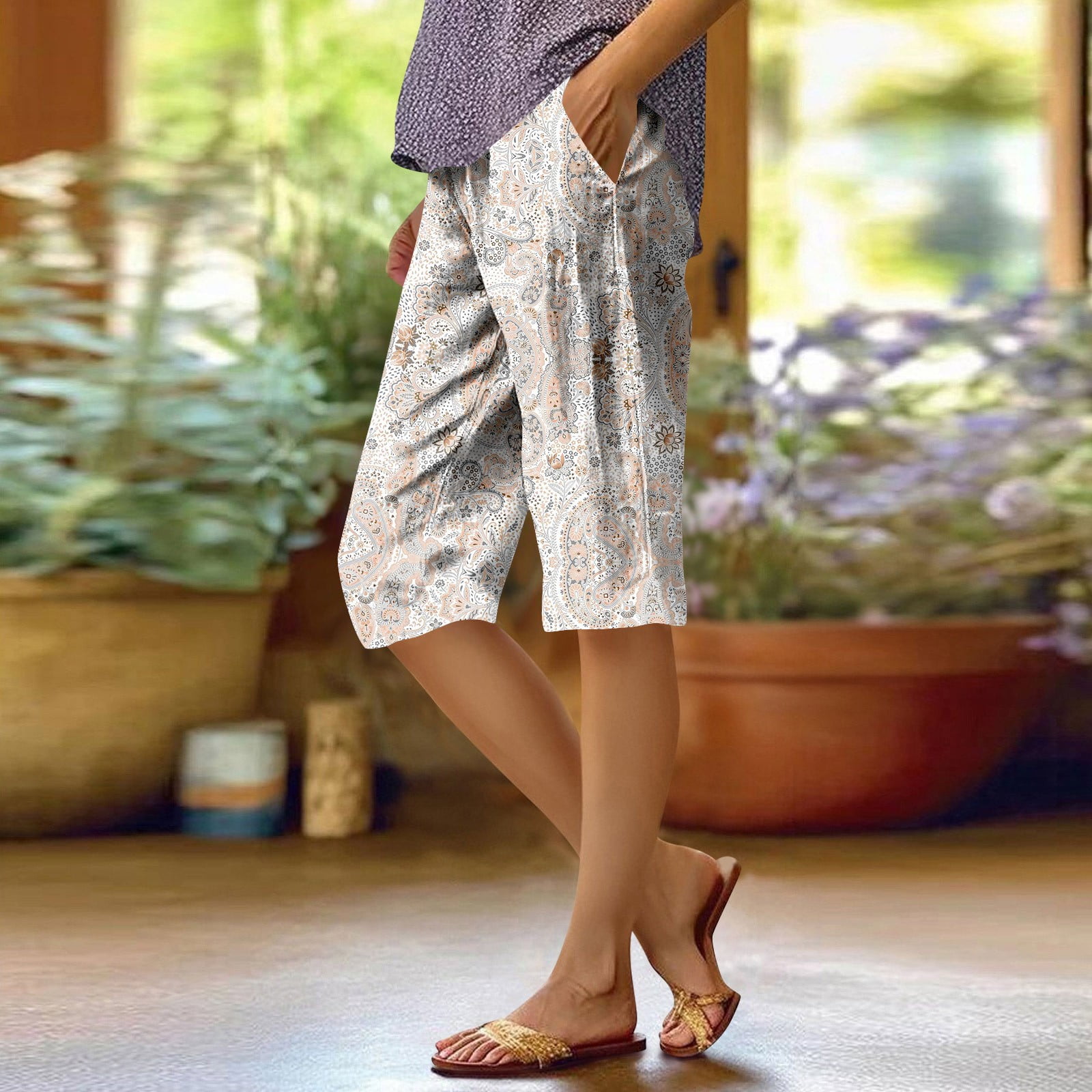 Linen Shorts Knee Length Lounge Shorts Summer Capris For - Main Image