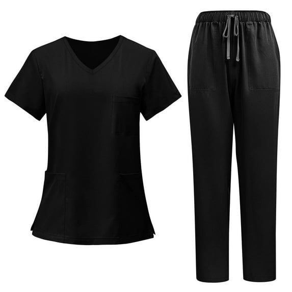 Mlqidk Medical Scrub Sets for Woman Cool Stretch Nurse Scubs V Neck Top and Pants with Pockets Scrubs Set Black 2XL