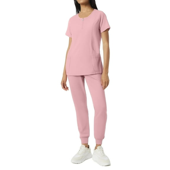 Mlqidk Medical Scrub Sets for Woman Crew Neck Top and Pants with Pockets Breathable Medical Uniform Set Nurse Scubs Pink S