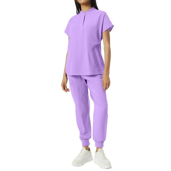 Mlqidk Medical Scrubs for Women Set Comfortable Nurse Uniform Crew Neck Top & Jogger Pant with Pockets Medical Uniform Set Light Purple S