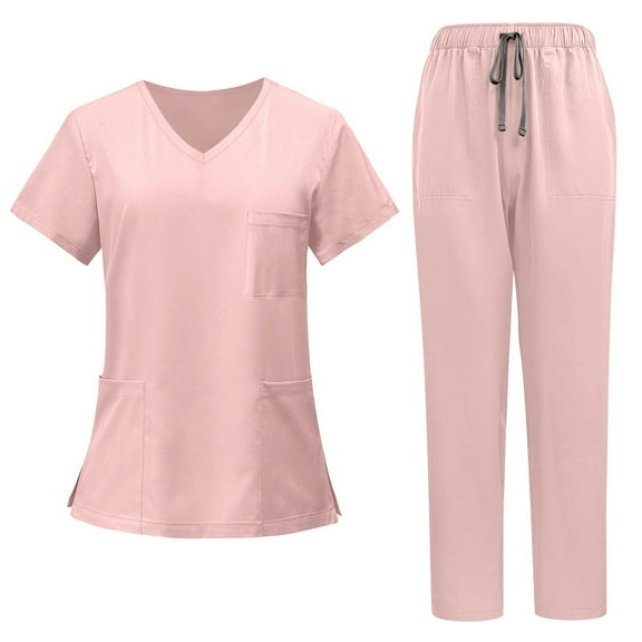 Mlqidk Medical Scrubs for Women Set V Neck Top & Jogger Pant with Pockets Breathable Medical Uniform Set Nurse Scubs Pink S