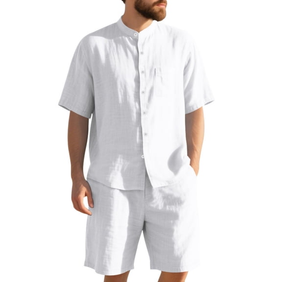 Mlqidk Men 2 Piece Linen Short Set Beach Casual Short Sleeve Button Down Shirts Fashion Short Pants Sets Summer Outfits White 3XL