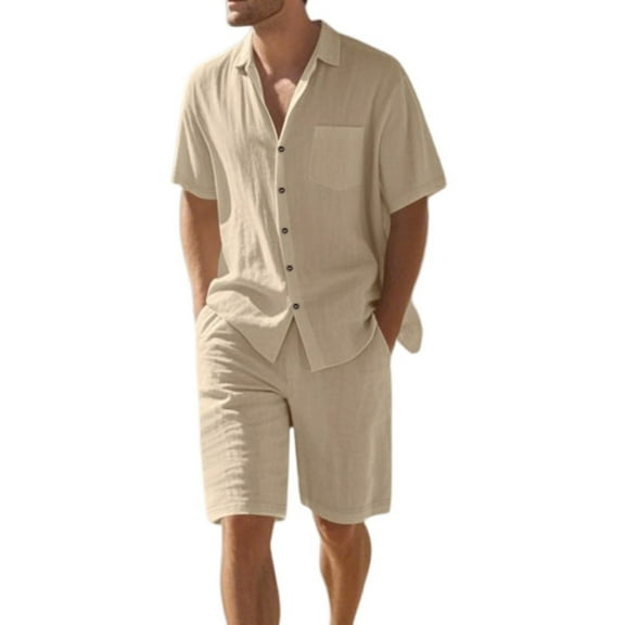 Mlqidk Men Linen Sets Outfits 2 Piece Beach Casual Short Sleeve Button Down Shirts Loose Shorts Sets Summer Outfits Khaki 3XL
