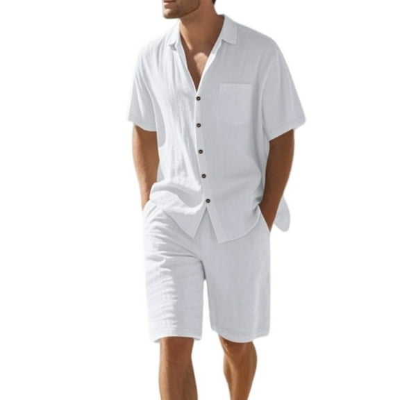 Mlqidk Men Linen Sets Outfits 2 Piece Casual Short Sleeve Button Down Shirts Fashion Short Pants Sets Summer Beach Outfits White XL