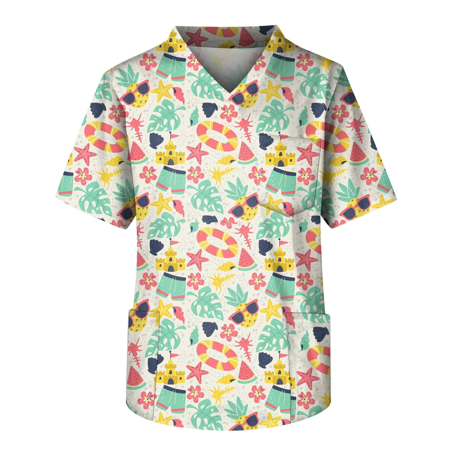 Mlqidk Men Scrubs_tops, Beach Elements Printed Nurse Uniforms Cartoon ...