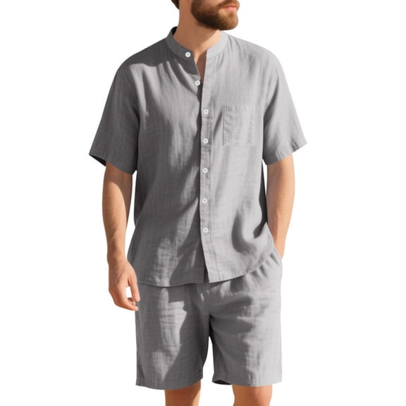 Mlqidk Men's 2 Pieces Cotton Linen Set Beach Casual Short Sleeve Button Down Shirts Fashion Shorts Sets Summer Outfits Gray 3XL
