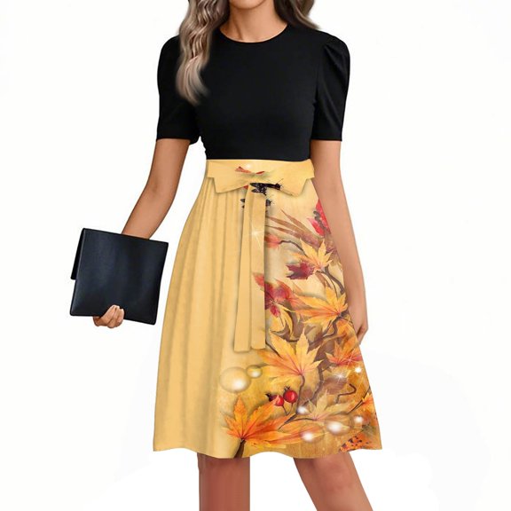 Mlqidk Women's Casual Dresses Puff Sleeve Teacher Dress Floral Print Boho Midi Dresses Empire Waist Work Patchwork Ruffle Hem A Line Dress Elegant Modest Clothing Orange 2XL