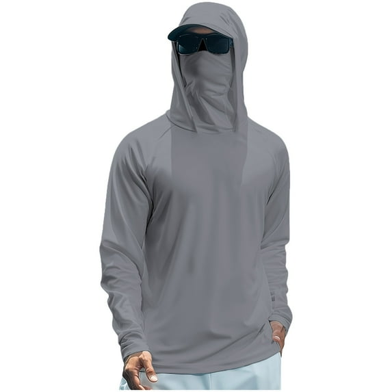 Mlqidk Men's Lightweight Fishing Hoodie Cooling Spf UPF 50+ Shirts Hooded Long Sleeve Plain Shirts Quick-Dry Sun Hoodie with Face Mask Gray L