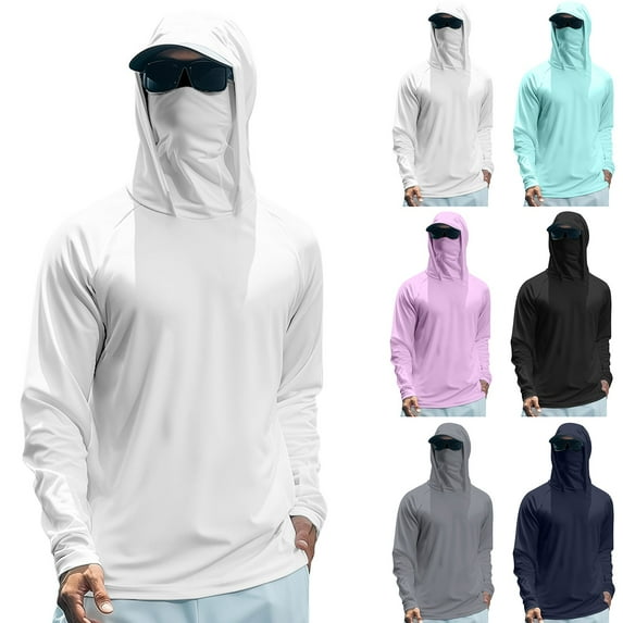 Mlqidk Men's Lightweight Fishing Shirts Cooling Spf UPF 50+ Shirts Hooded Long Sleeve Plain Shirts Quick-Dry Sun Hoodie with Face Mask Cyan XL