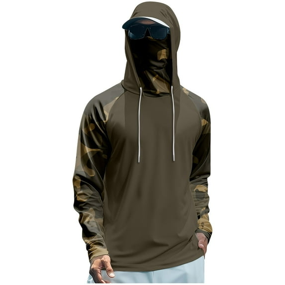 Mlqidk Men's Fishing Shirt Long Sleeve UPF 50+ Sun Camo Hoodie Lightweight with Hood Cooling Spf Clothing Quick-Dry Camo Hoodies with Face Mask Brown XL