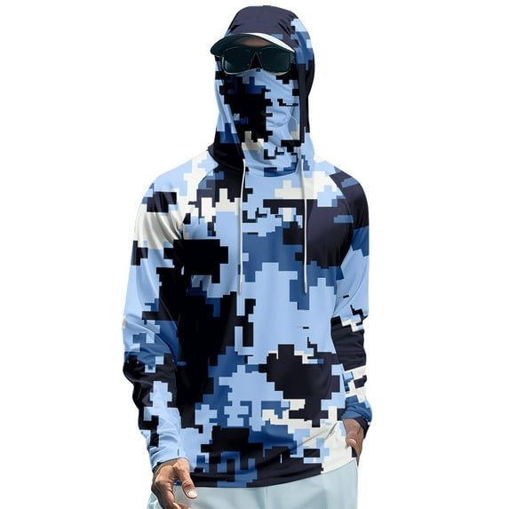 Mlqidk Men's Lightweight UPF 50+ Shirt Cooling Spf Fishing Shirts Long Sleeve Hooded Clothing Quick-Dry Sun Camo Hoodie with Face Mask Dark Blue XXL