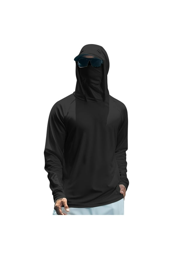 Men's UPF 50+ Shirt Lightweight Fishing Hoodies Long Sleeve Plain Cooling Spf Shirt Quick-Dry Hooded Shirts Sun Hoodie with Face Mask Black XL
