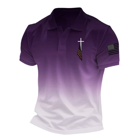 Mlqidk Mens American Flag Polo Shirt Casual American Flag Golf Shirt Stretch Patriotic Christian Cross Tee Top Regular Fit Short Sleeve Collared Shirt Purple L