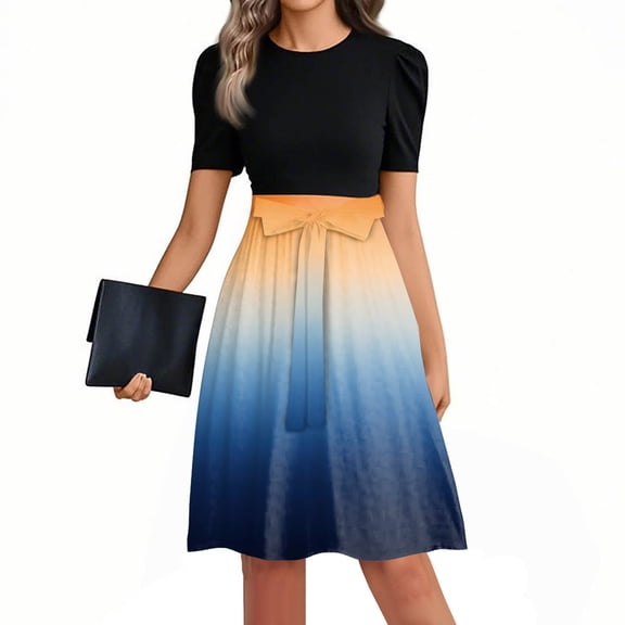 Mlqidk Church Dresses for Women Puff Sleeve Gradient Print Work Midi Dresses Empire Waist Flowy Patchwork Ruffle Hem A Line Dress Fashion Teacher Clothes Royal Blue M