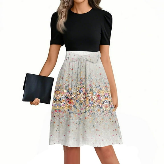 Mlqidk Casual Dresses for Women Puff Sleeve Teacher Dress Floral Print Flowy Midi Dresses Empire Waist Work Patchwork Ruffle Hem A Line Dress Wedding Guest Office Attire Beige S