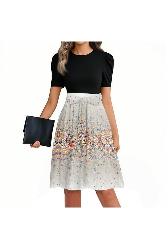 Mlqidk Casual Dresses for Women Puff Sleeve Teacher Dress Floral Print Flowy Midi Dresses Empire Waist Work Patchwork Ruffle Hem A Line Dress Wedding Guest Office Attire Beige S