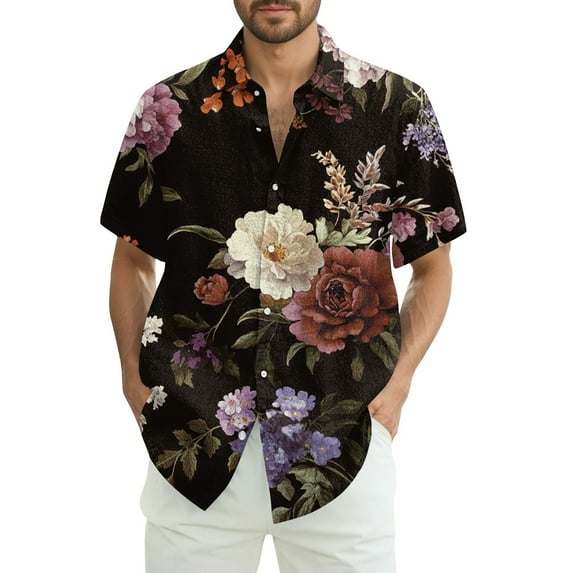 Mlqidk Mens Button Down Short Sleeve Shirt Hawaiian Floral Shirts Casual Tropical Summer Beach Shirt Big and Tall Wrinkle Free Tshirt Navy S