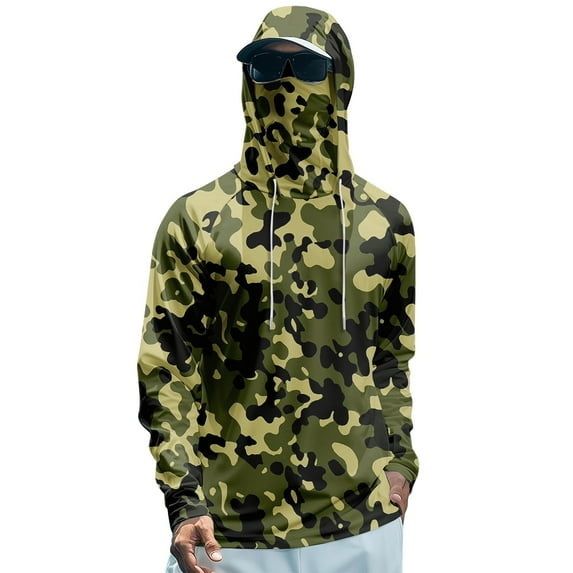 Mlqidk Mens Lightweight UPF 50+ Shirts Quick-Dry Fishing Camo Hoodies Long Sleeve with Hood Clothing Cooling Spf UV Protection Shirts with Face Mask Army Green L