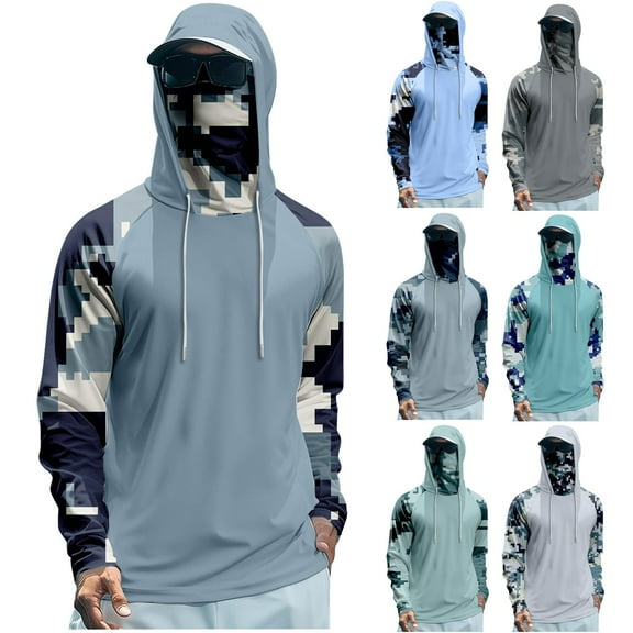 Mlqidk Mens Lightweight UPF 50+ Shirts Quick-Dry Fishing Shirts Long Sleeve with Hood Clothing Cooling Spf Sun Hoodie with Face Mask Sky Blue L