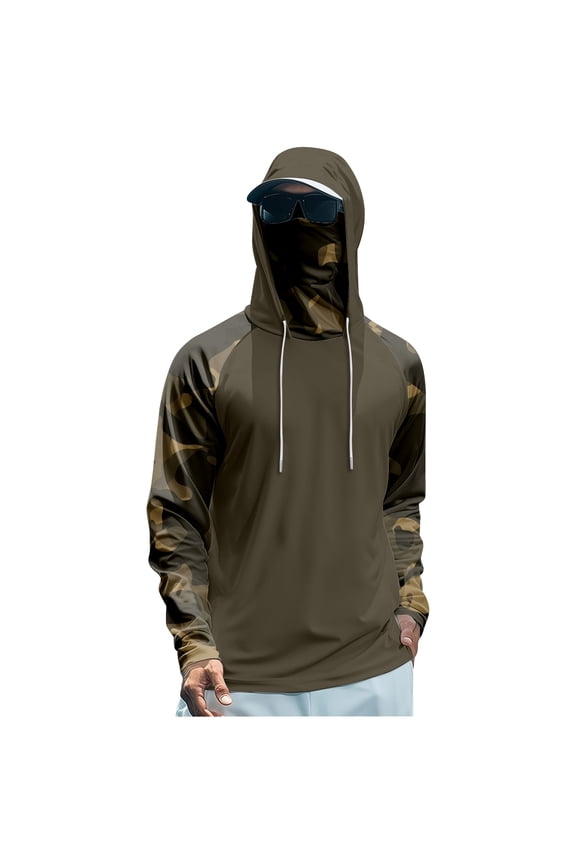 Mens Shirt Lightweight UPF 50+ Shirts Long Sleeve Cooling Spf Fishing Shirt Quick-Dry with Hood Shirts Sun Camo Hoodie with Face Mask Brown XXL