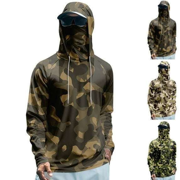 Mlqidk Mens Shirts Lightweight UPF 50+ Shirt Cooling Spf Hunting Shirts with Hood Long Sleeve Quick-Dry Sun Camo Hoodie with Face Mask Khaki M