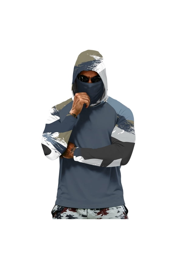 Mens UPF 50+ Shirt Sun Protection Camo Color Block Fishing Shirts Long Sleeve Lightweight Spf Shirt Quick-Dry Hooded Athletic Hoodie Shirts with Face Mask Navy XL