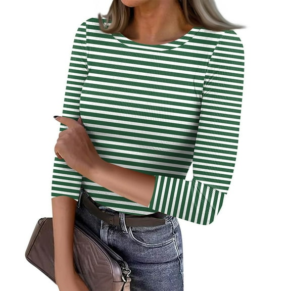 Mlqidk Night Out Tops for Women Casual 3/4 Sleeve Tight Tops Trendy Crew Neck Knit T-Shirts Striped Print Ribbed Pullover Clothes Green L