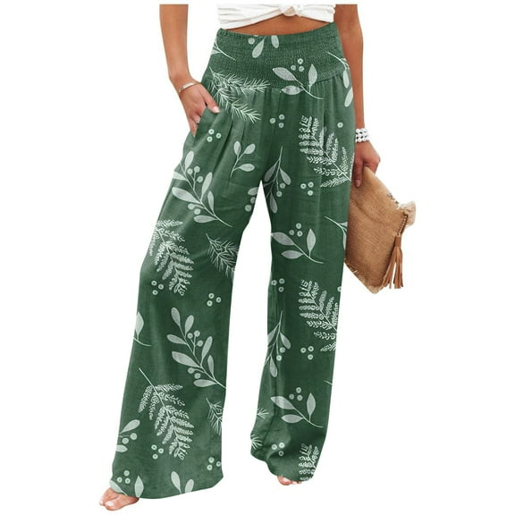 Mlqidk Palazzo Pants for Women Casual High Waist Linen Pants Trendy Wide-Leg Cotton Linen Trousers Plus Size Loose Fit Floral Print Pants with Pocket Dark Green M