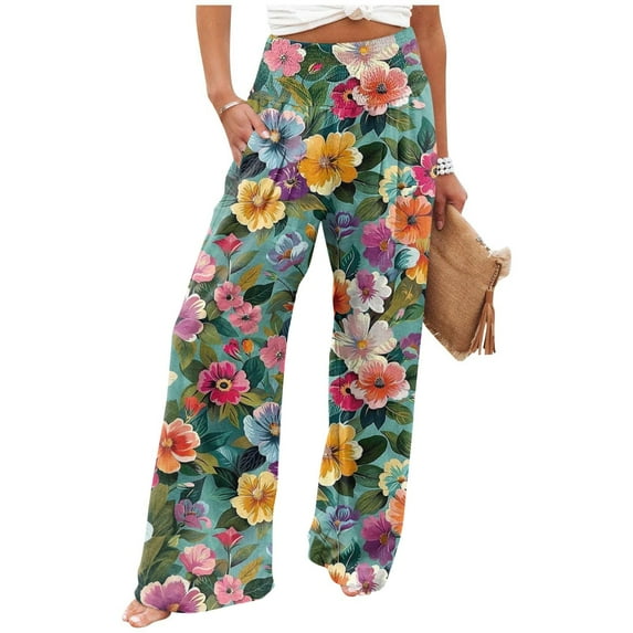 Dwralegc Palazzo Pants for Women Casual High Waisted Beach Pants Dressy Wide Leg Cotton Linen Trouser Plus Size Loose Fit Floral Print Pants with Pocket Army Green 2XL