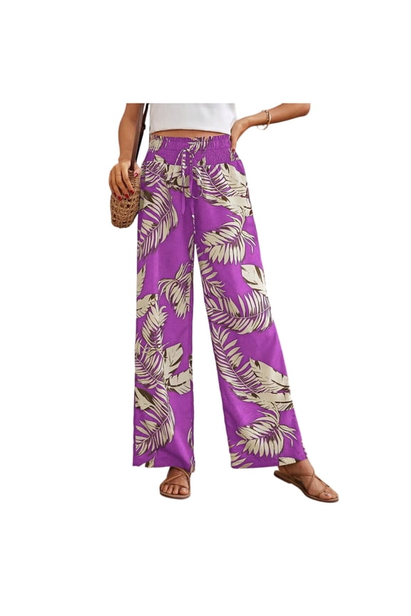 Mlqidk Palazzo Pants for Women Casual Loose Fit High Waisted Pant DrawstringWide-Leg Beach Pants Summer Bohemian Floral Print Trouser with Pockets Purple L