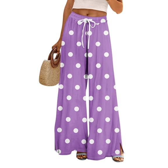 Mlqidk Palazzo Pants for Women Casual Loose Fitted High Waisted Pants Elastic Drawstring Wide-Leg Palazzo Pants Summer Bohemian Polka Dot Trouser with Pockets Purple L