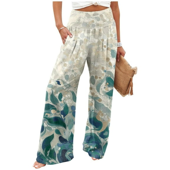 Mlqidk Palazzo Pants for Women Lounge High Waisted Gauze Pants Dressy Wide Leg Cotton Linen Trouser Plus Size Loose Floral Print Pants with Pocket Beige 2XL