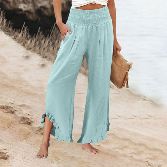 Mlqidk Palazzo Pants for Women Ruffle Hem Plus Size Summer Cropped lounge Boho High Waist Pants Wide Leg Beach Vacation Lounge Pants with Pockets Cyan 3XL