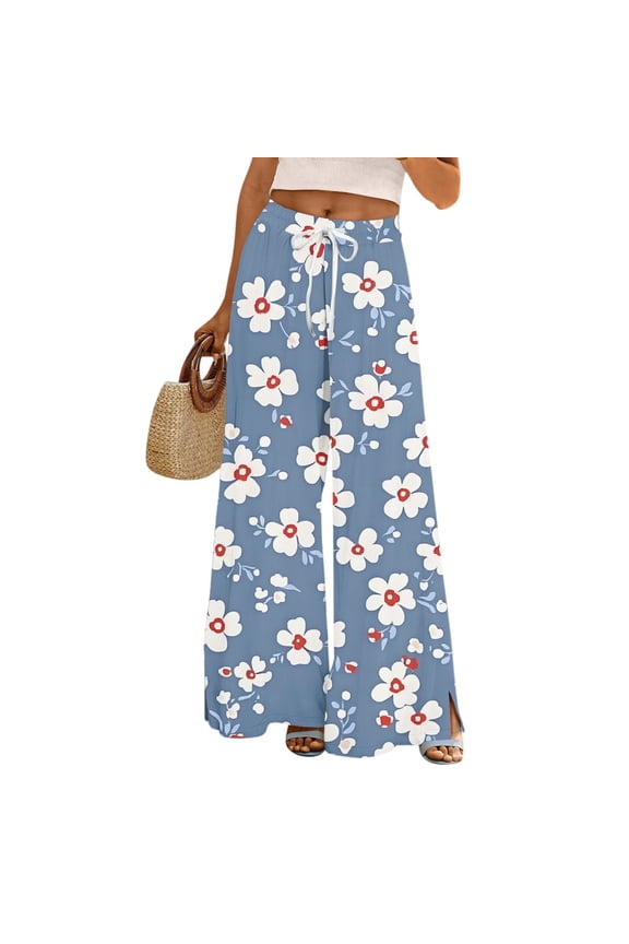 Mlqidk Palazzo Pants for Women Tropical Loose High Waisted Pants Elastic Drawstring Wide-Leg Capris Pants Summer Boho Floral Print Trousers with Pockets Sky Blue M