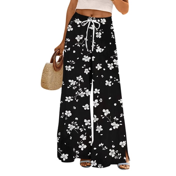 Mlqidk Palazzo Pants for Women Tropical Plus Size High Waist Pant Elastic Drawstring Wide-Leg Capris Pants Summer Boho Floral Print Trousers with Pockets Black 2XL