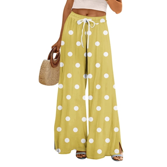 Mlqidk Pants for Women Lounge Loose Fitted High Waist Pant Elastic Drawstring Wide-Leg Capris Pants Summer Bohemian Polka Dot Trouser with Pockets Yellow S