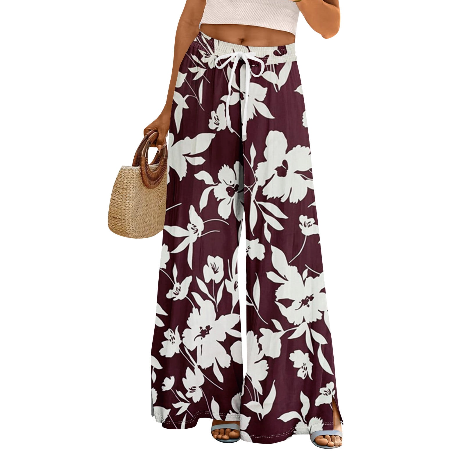 Vibrant Beach Satin Unique Print Colorblock Trim Elastic Waist Pocketed Wide Leg Pants