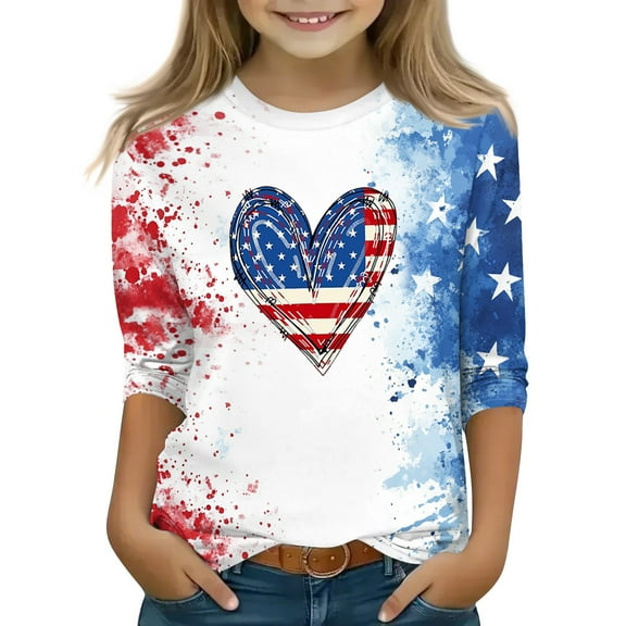 Mlqidk Patriotic Shirts for Girls 10-12 10-12 3/4 Sleeve 4th Of July American Flag T-Shirt Kids Red White and Blue Crew Neck Tops Kids Watermelon Red 14-15Y