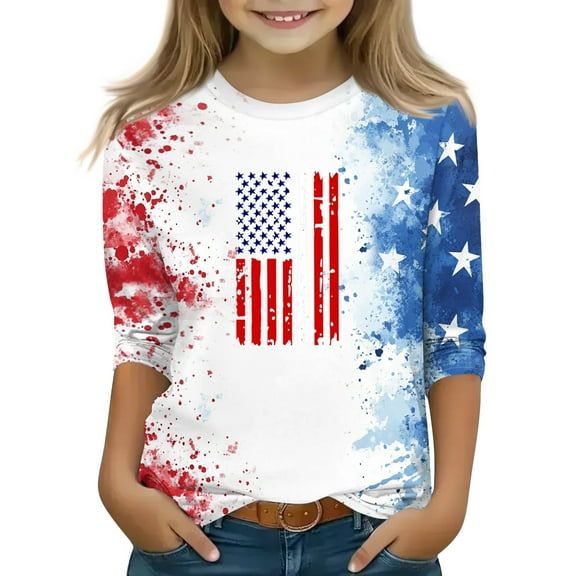 Mlqidk Patriotic Shirts for Girls 10-12 3/4 Sleeve 4th Of July American Flag T-Shirts Kids Independence Day Red White and Blue Crew Neck Tee Tops Kids Blue 10-11Y