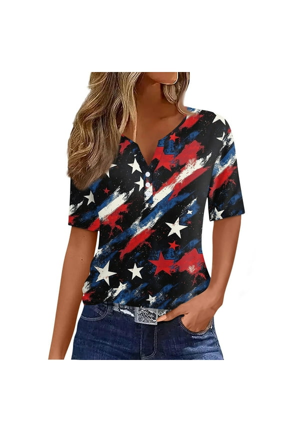 Patriotic Shirts for Women American Flag 4th Of July Short Sleeve Tees Red White and Blue V Neck T-Shirt Black L