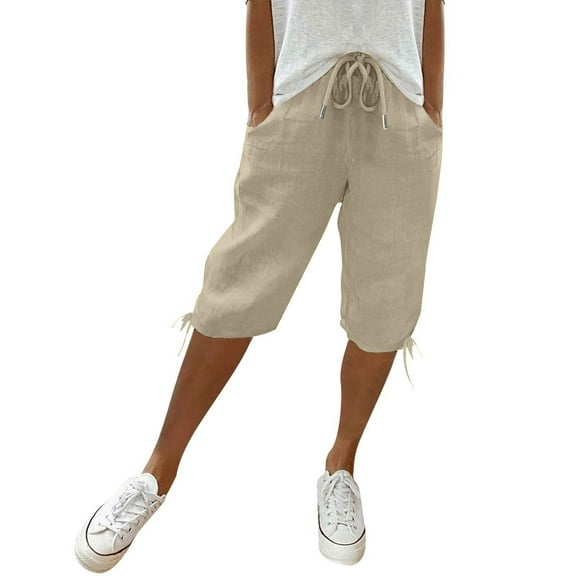 Mlqidk Pedal Pushers for Women Bermuda Shorts Trendy Summer Elastic Waist Knee Length Plus Size Shorts Dressy Casual Linen Capris with Pockets Beige L