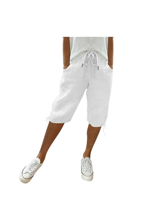 Pedal Pushers for Women Linen Capri Pants Dressy Casual Knee Length High Waisted Bermuda Shorts Trendy Summer Linen Capri Pants with Pockets White 2XL